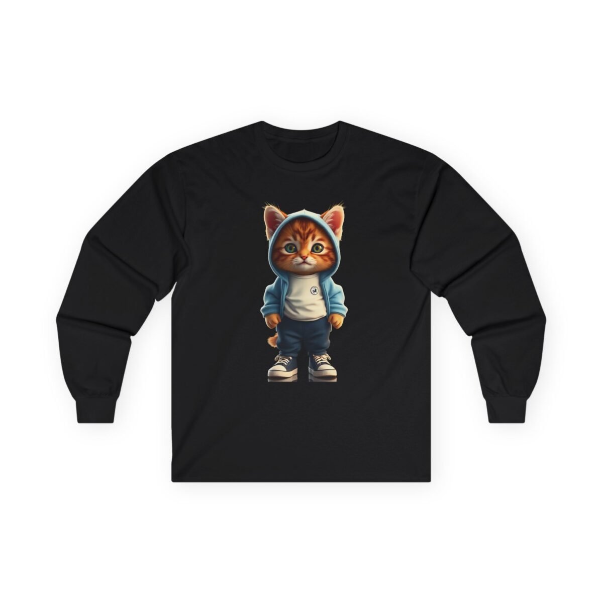 8085184009000614240_2048-1.jpeg Black long-sleeve shirt with a cartoon ginger tabby kitten in a blue hoodie and jeans.