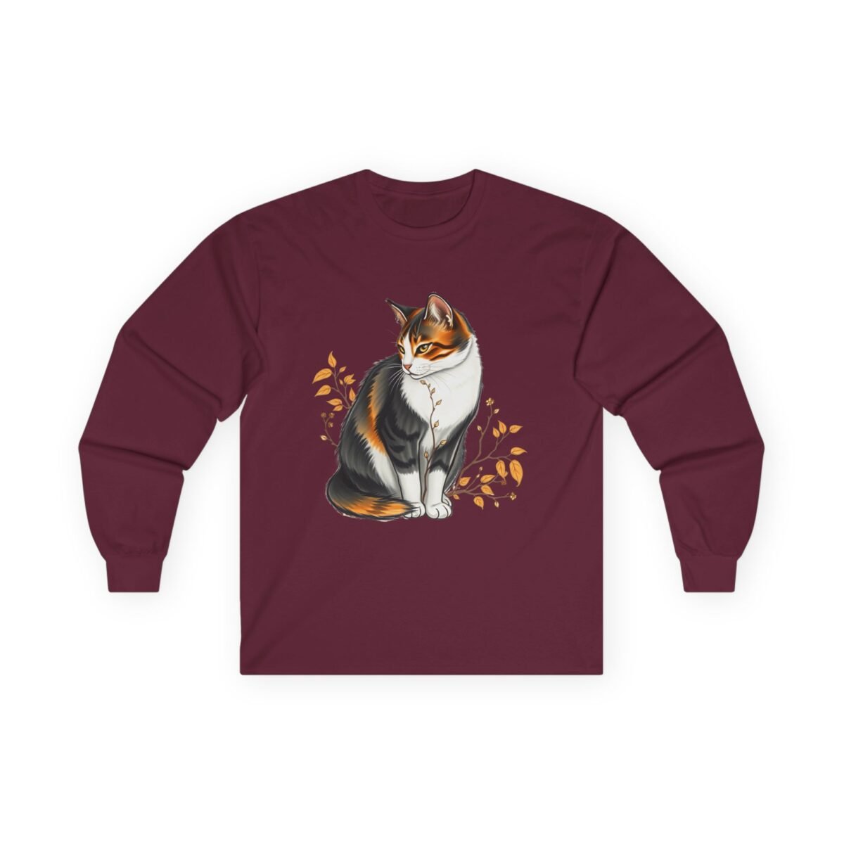 8236149297478290183_2048.jpeg Maroon long-sleeve shirt with a sitting calico cat surrounded by autumn leaves.