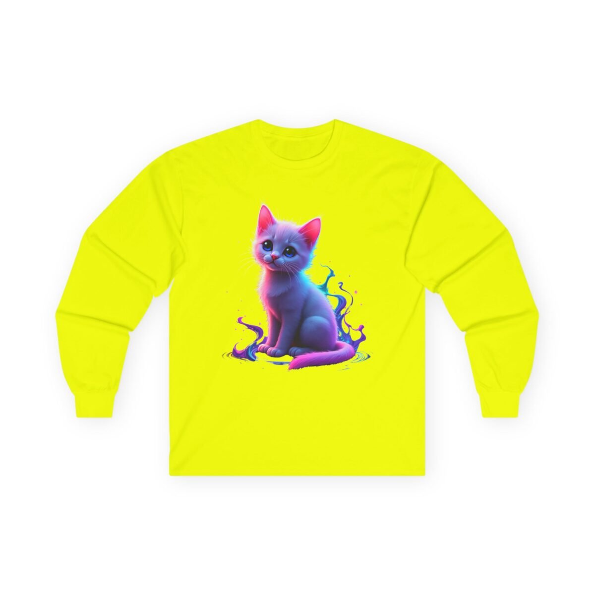 8374769222505296287_2048.jpeg Neon yellow long-sleeve shirt with an iridescent kitten graphic.