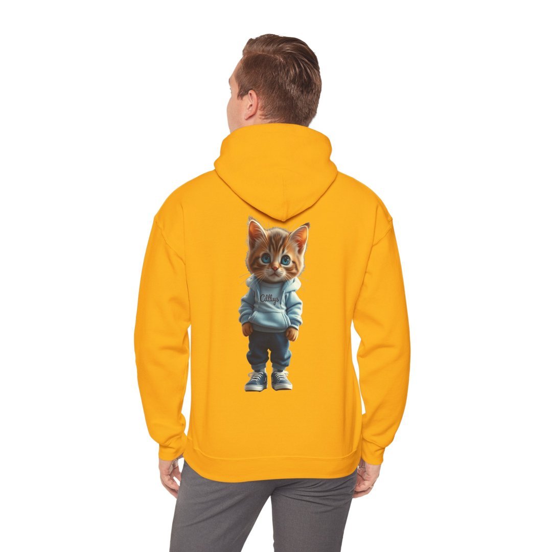8419351572638624433_2048.jpeg Man wearing a yellow hoodie with a cute cat design on the back.