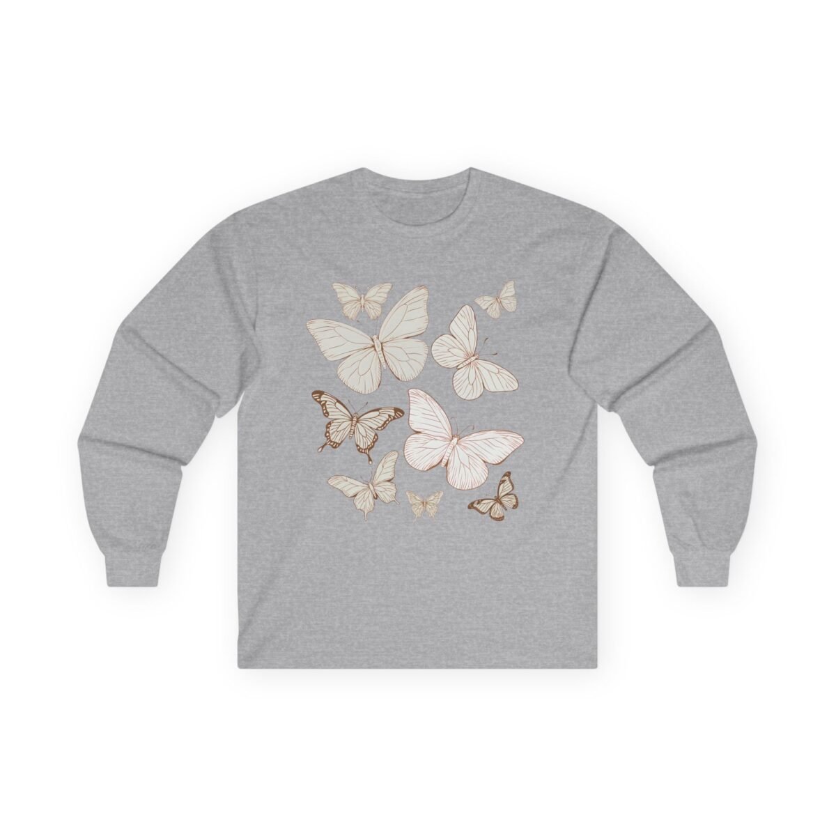 8643170250407079738_2048.jpeg Gray long-sleeve shirt with a design of multiple light-colored butterflies.
