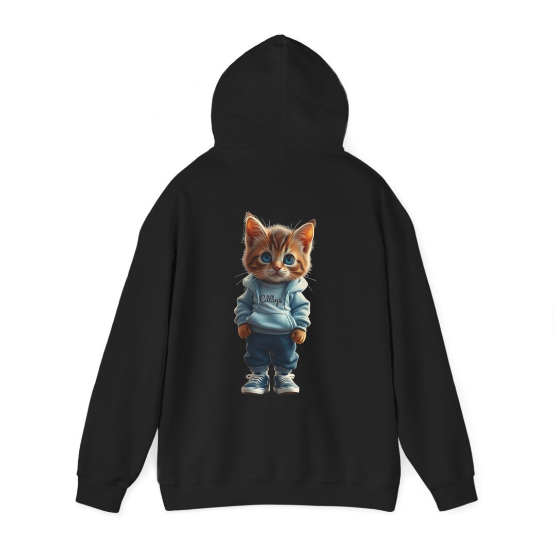 8770390567749298998_2048.jpeg Black hoodie with a cute kitten wearing a hoodie and sneakers.