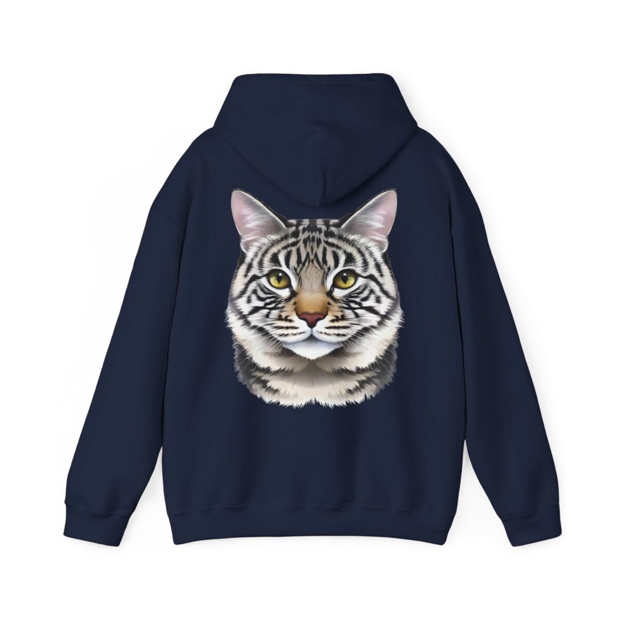 8839508888190866304_2048.jpeg Dark blue hoodie with a striped cat face and yellow eyes on the back.