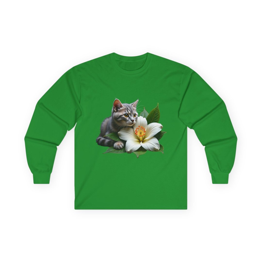 8884842634705587820_2048.jpeg Green long-sleeve shirt with a kitten and white flower design.