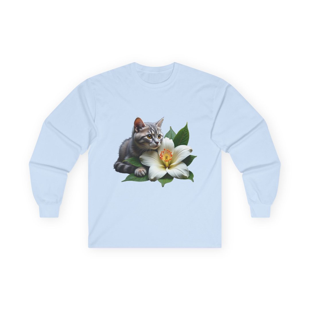9088666895005733096_2048.jpeg Light blue long-sleeve shirt with a gray tabby kitten and white lily graphic.