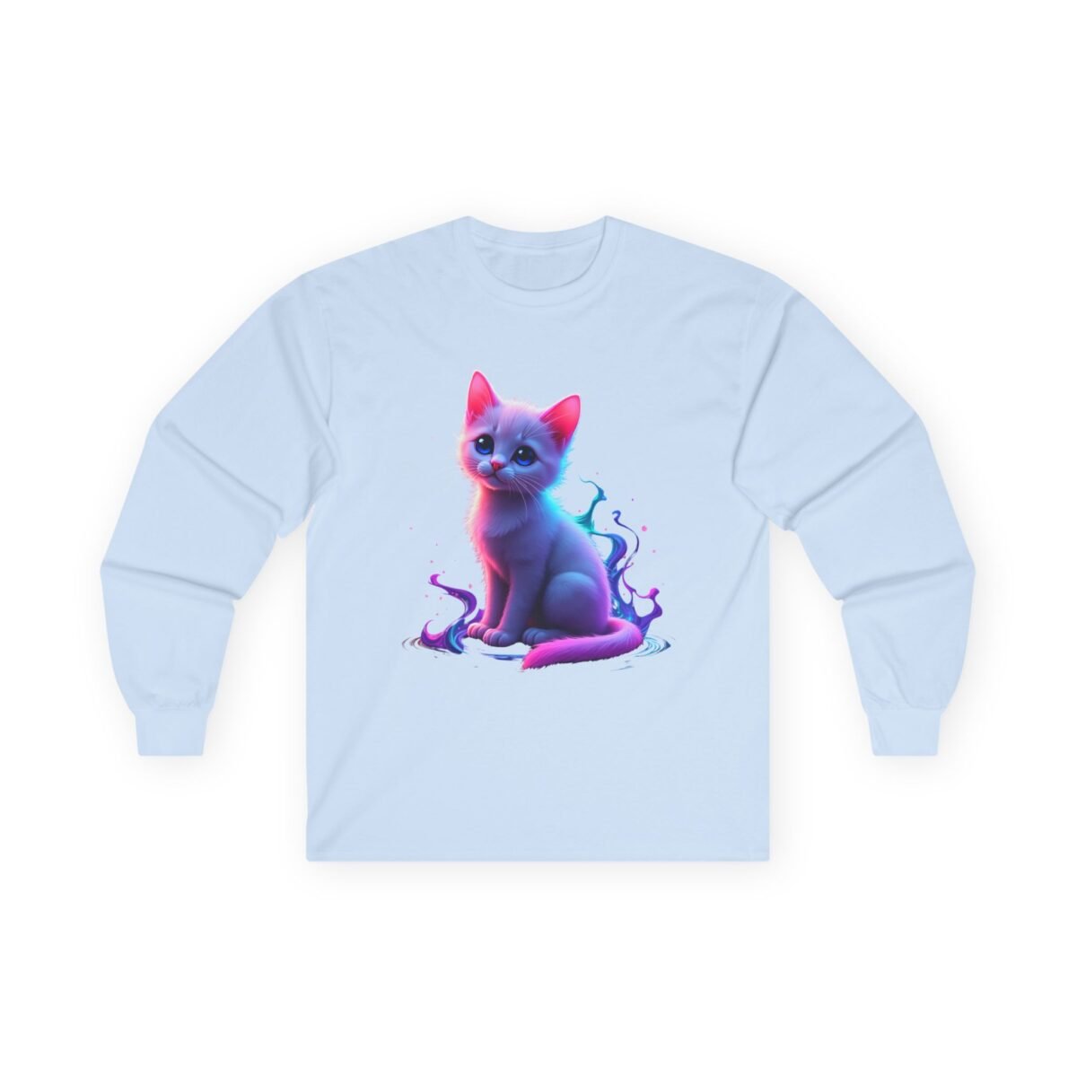 9100404131049245697_2048.jpeg A light blue long-sleeve shirt with a vibrant pink and blue kitten design.