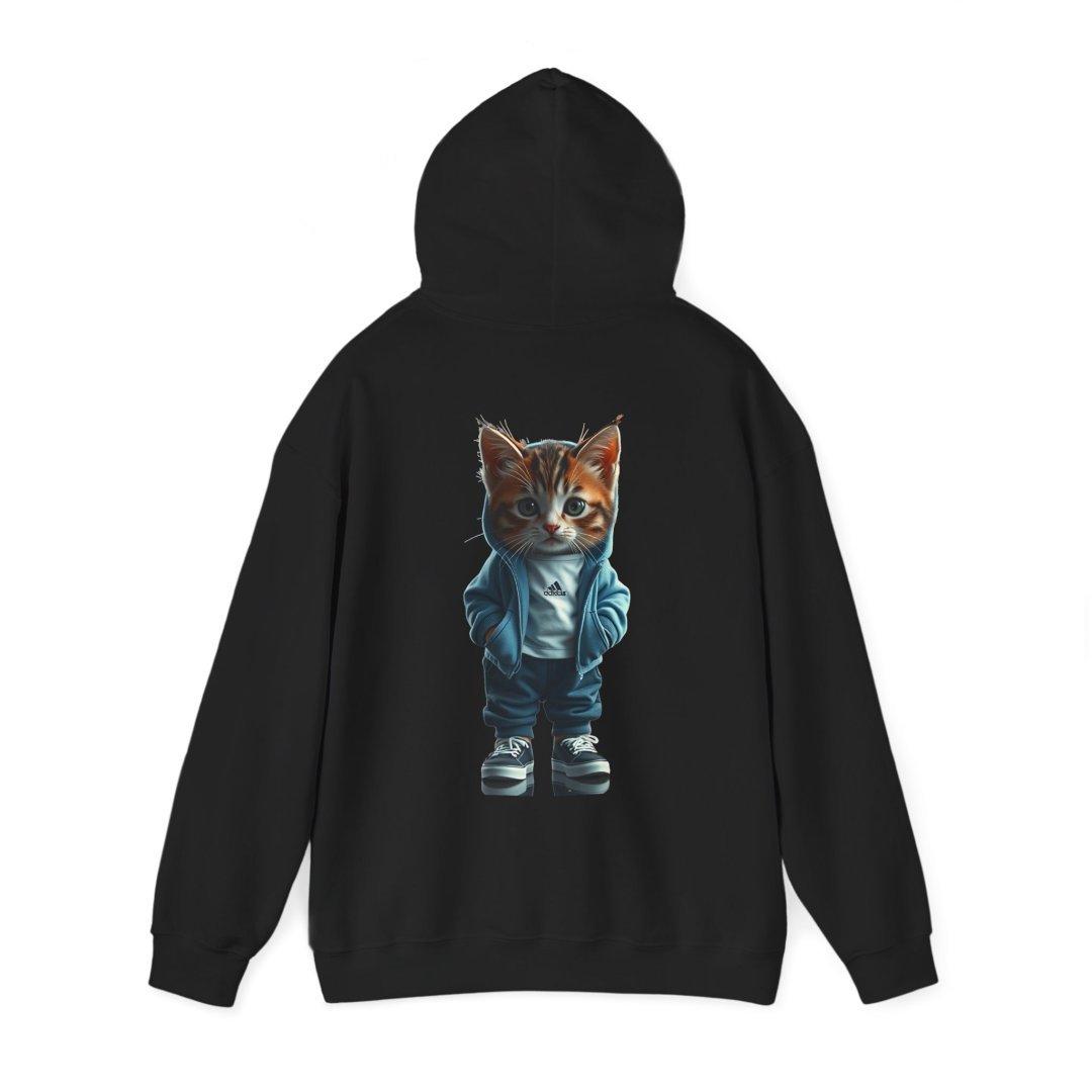 9303901734002298253_2048.jpeg Black hoodie with a cute cat in a blue jacket and sneakers on the back.