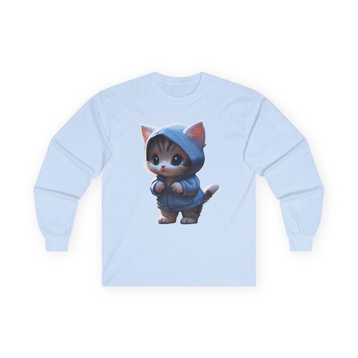 9458234612108413373_2048.jpeg Light blue long-sleeve shirt with a cute cartoon kitten wearing a blue hoodie.