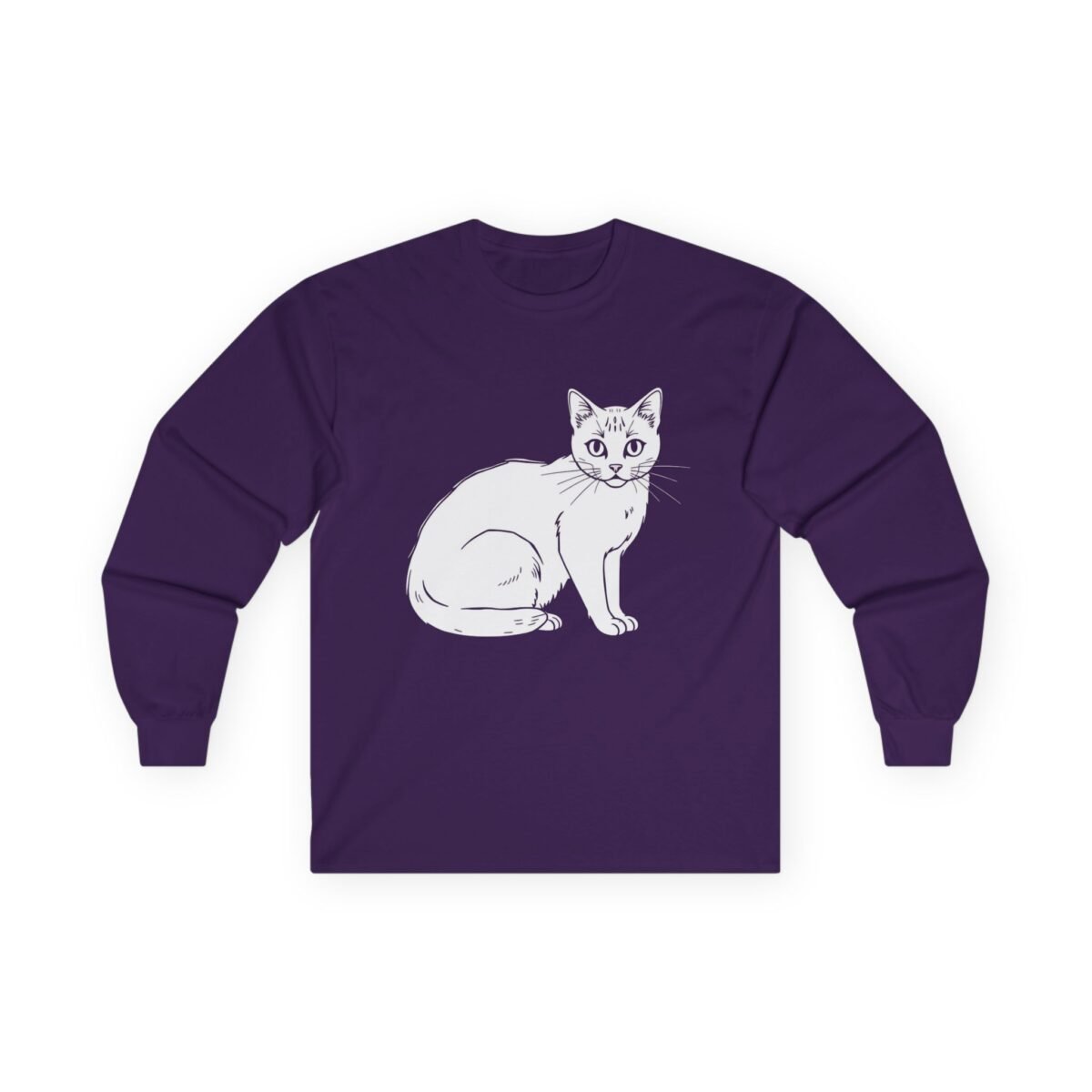9476163452419151385_2048.jpeg Purple long-sleeve shirt with a white outline drawing of a sitting cat.