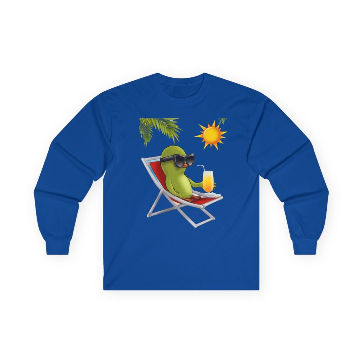 9568372979810920942_2048.jpeg Blue long-sleeve shirt with a cartoon bird in sunglasses relaxing on a beach chair with a drink.