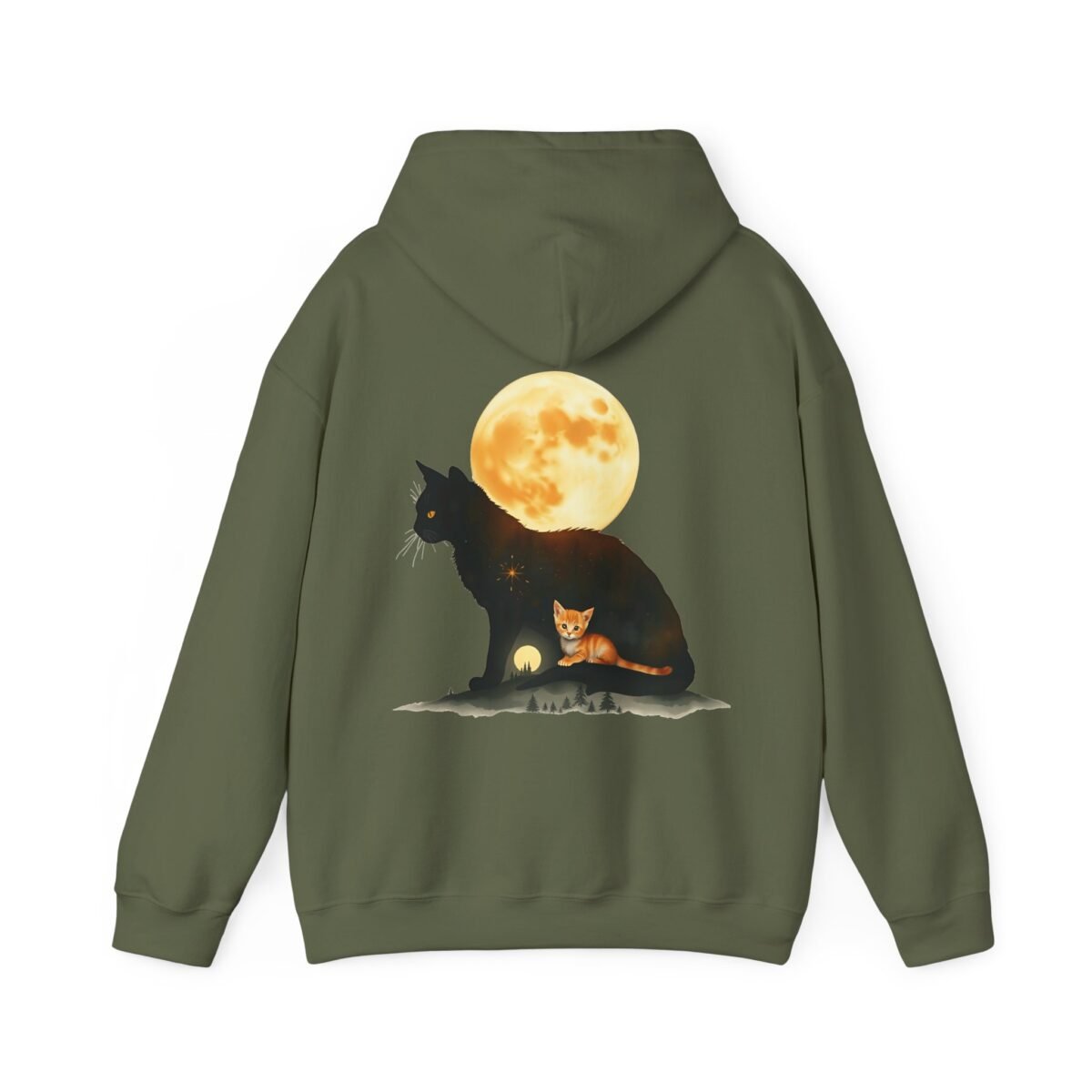 9568852088032930194_2048.jpeg Olive green hoodie featuring a black cat silhouette, starry inside, cradling an orange kitten under a large full moon.