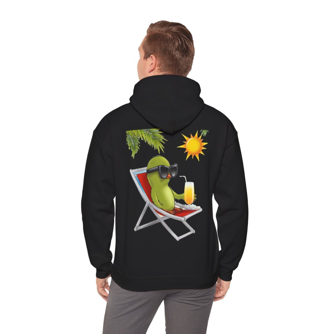 9598438350351167960_2048.jpeg Man wearing hoodie with cartoon avocado lounging in a chair.