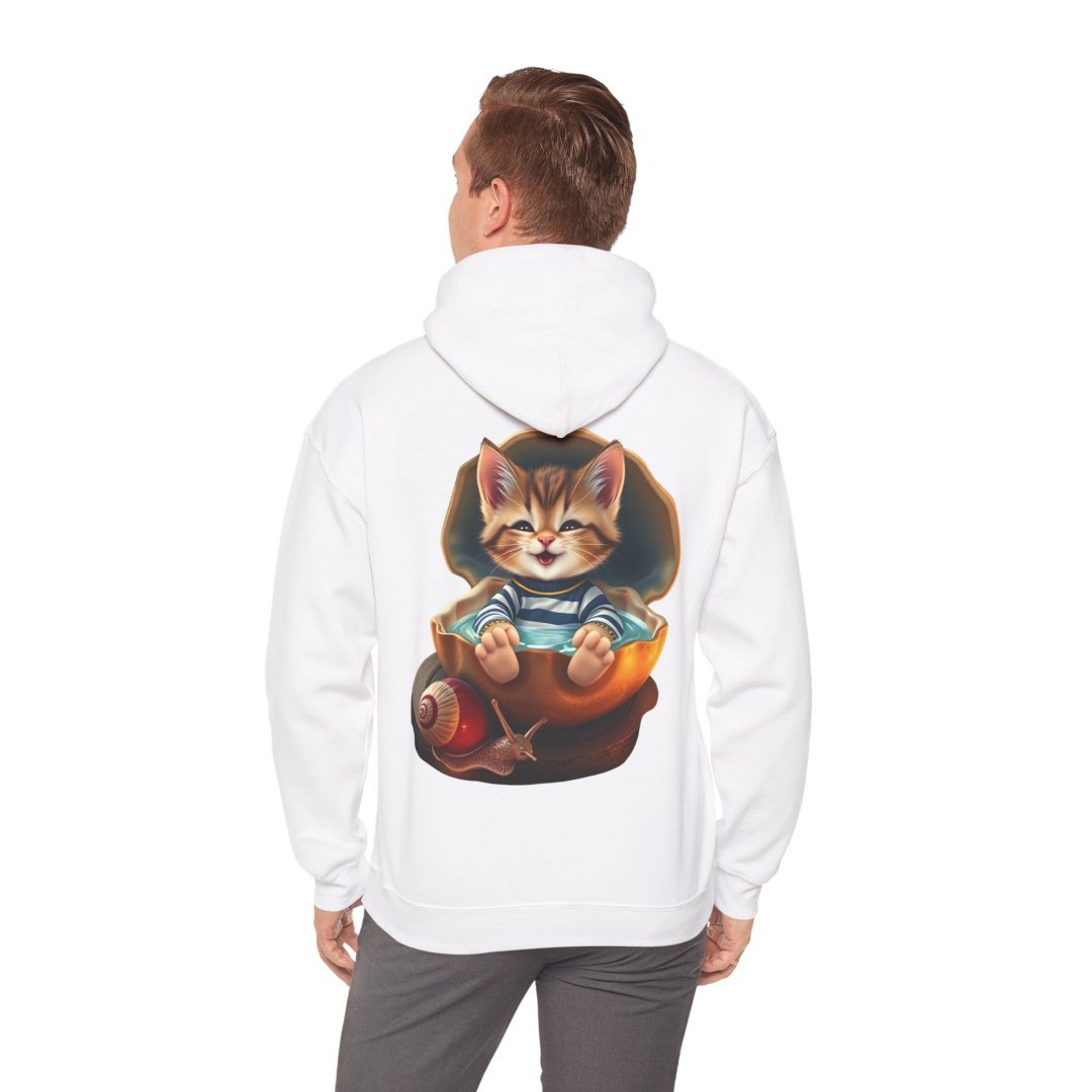 9603100178693192354_2048.jpeg Man wearing a white hoodie with a cute kitten and snail design on the back.