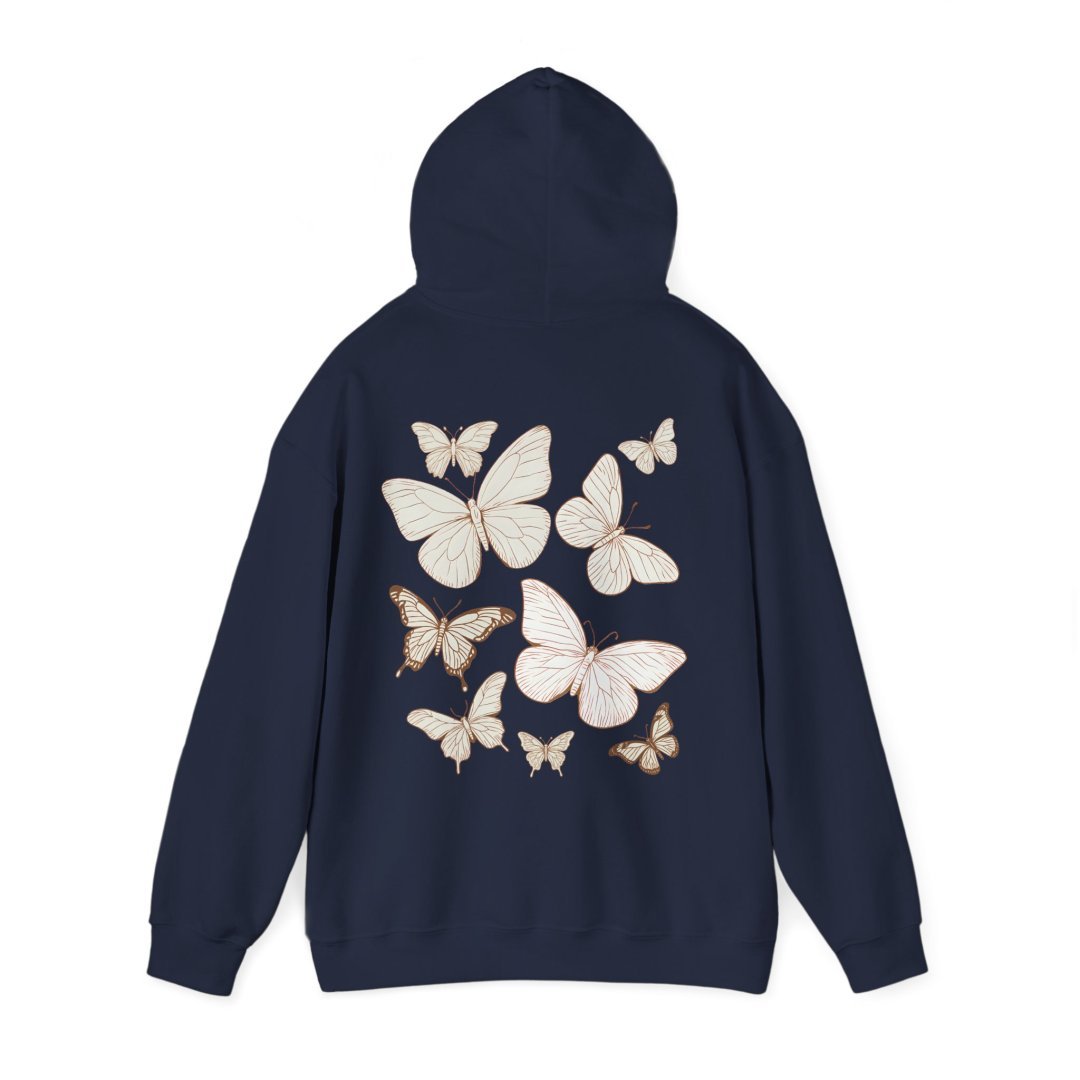 9621068327087792973_2048.jpeg Navy hoodie with white and brown butterfly design on the back.