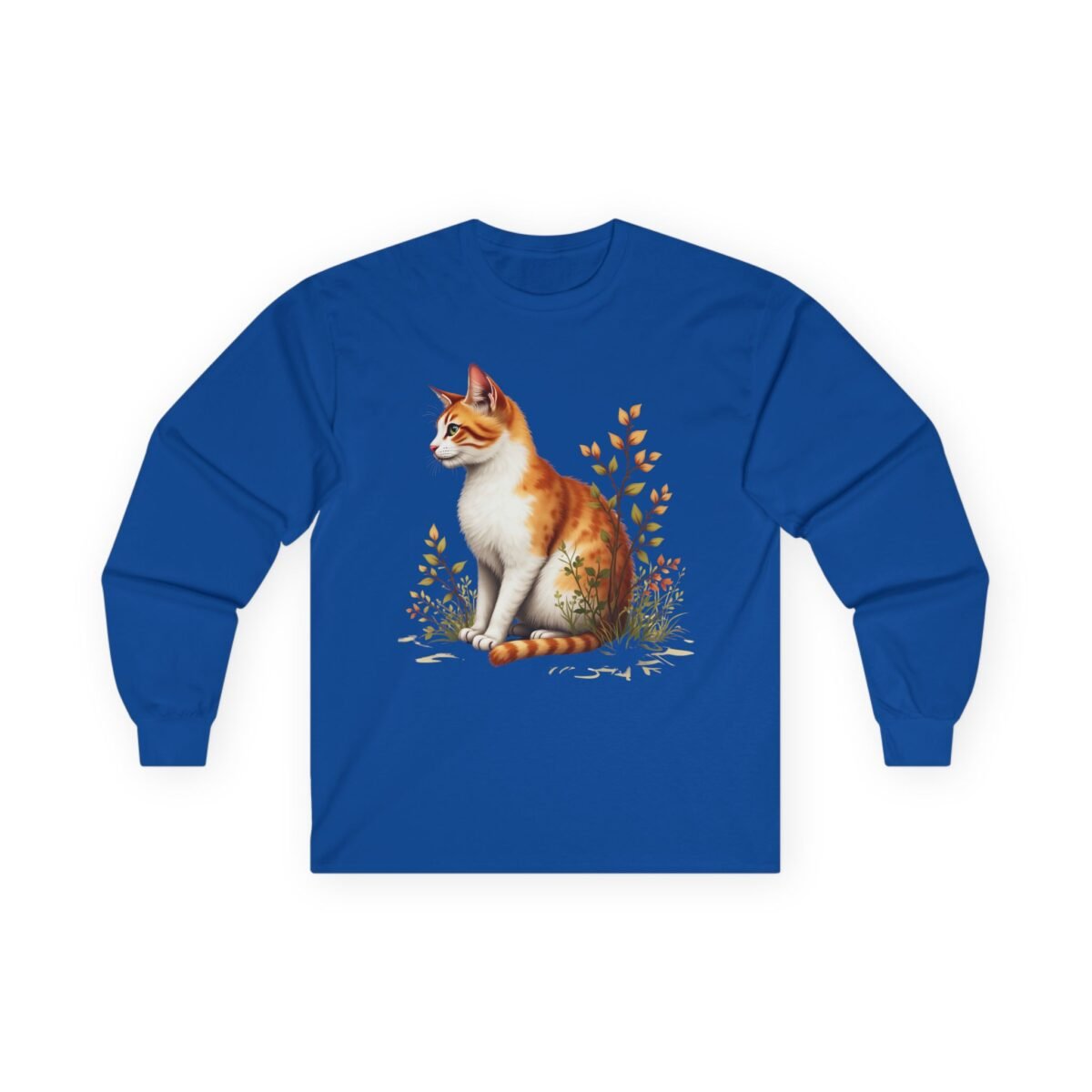 9669265128156056901_2048.jpeg Blue long-sleeve t-shirt with an orange and white cat sitting in foliage.