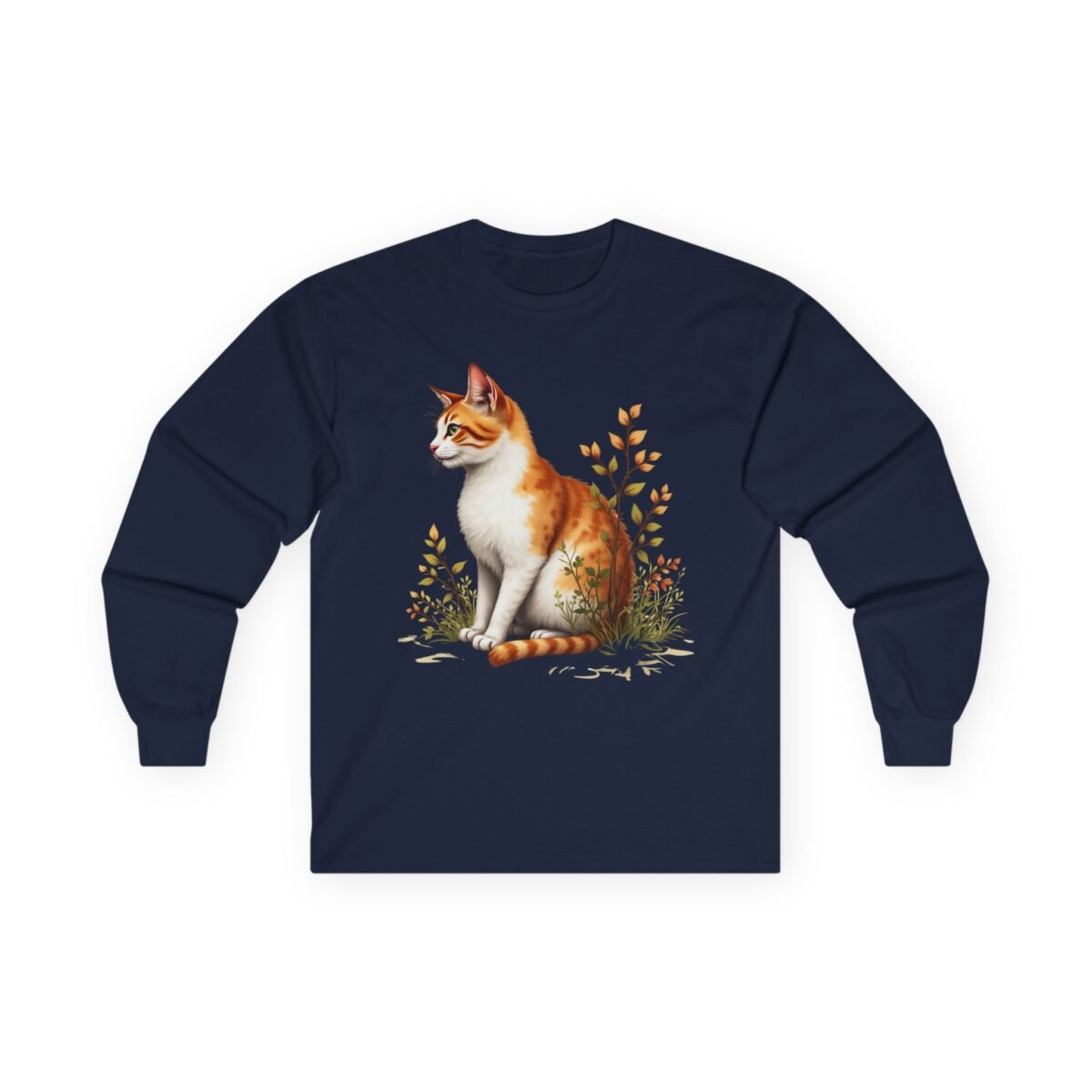 9672090165027822218_2048.jpeg Navy blue long-sleeve shirt with an illustration of an orange and white cat sitting in vibrant autumn foliage.