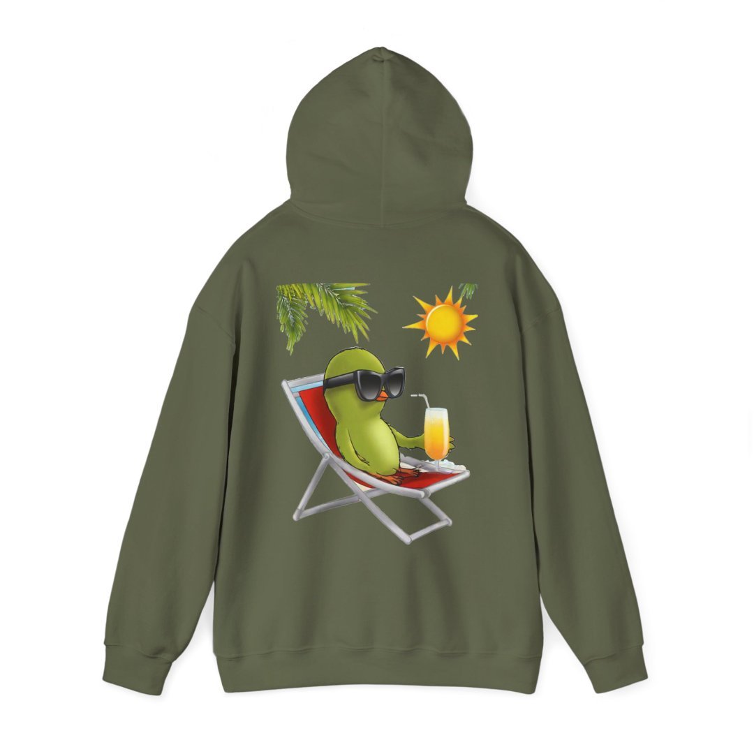 9675496509742058299_2048.jpeg Green hoodie with a cartoon bird lounging on a chair under the sun.