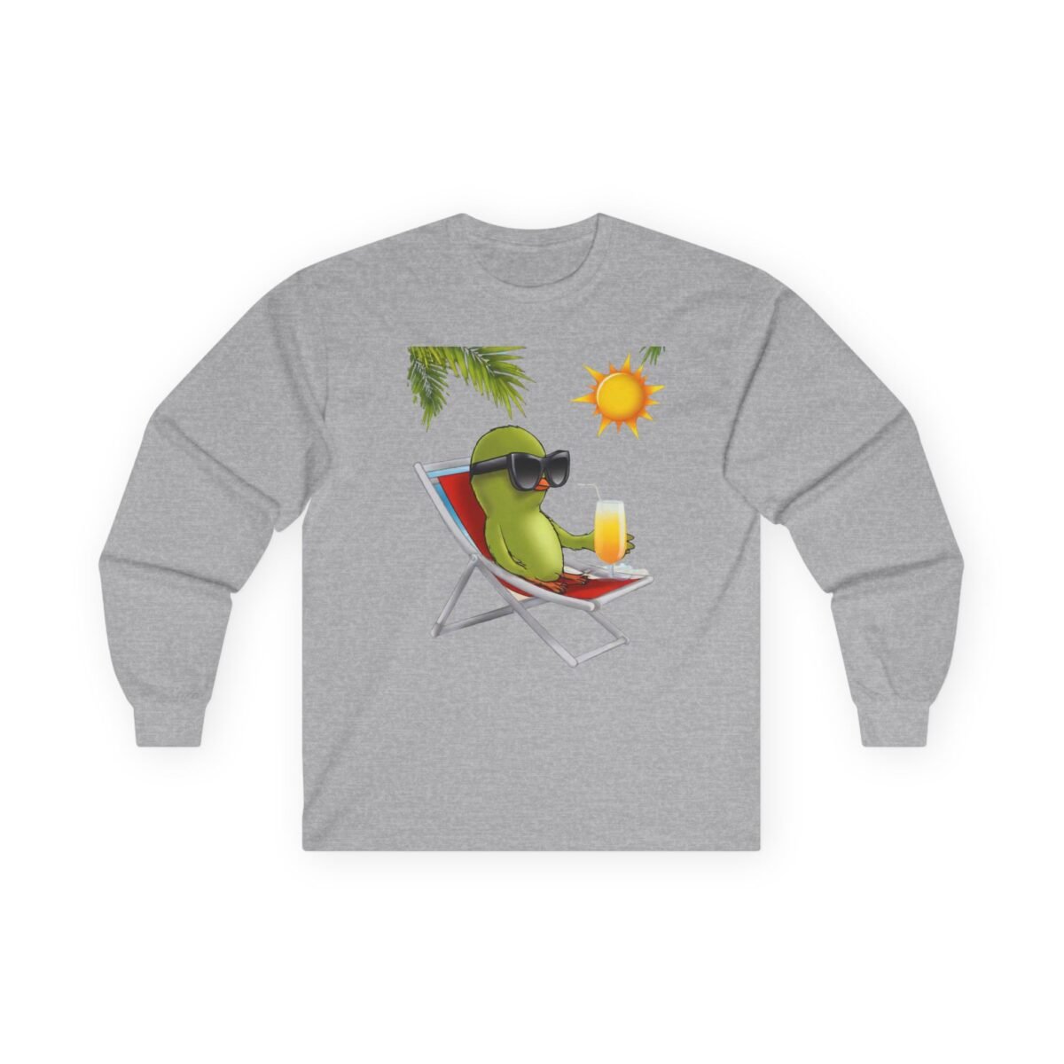 9762889875843359145_2048.jpeg Grey long-sleeve shirt with a cartoon green bird in sunglasses relaxing in a beach chair with a drink.