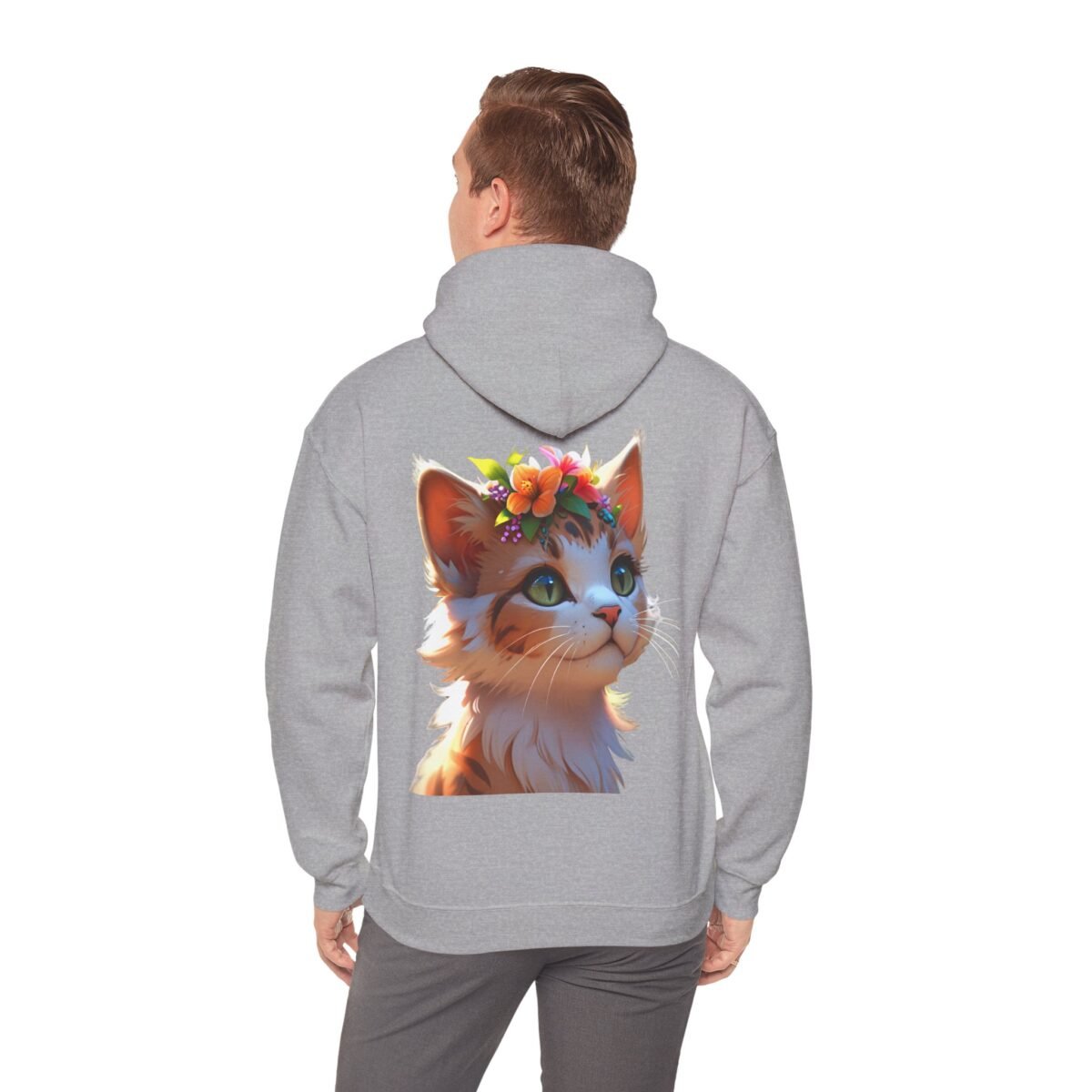 9801948570149449464_2048.jpeg Back view of a person wearing a grey hoodie with a cartoon cat head and flower crown design.
