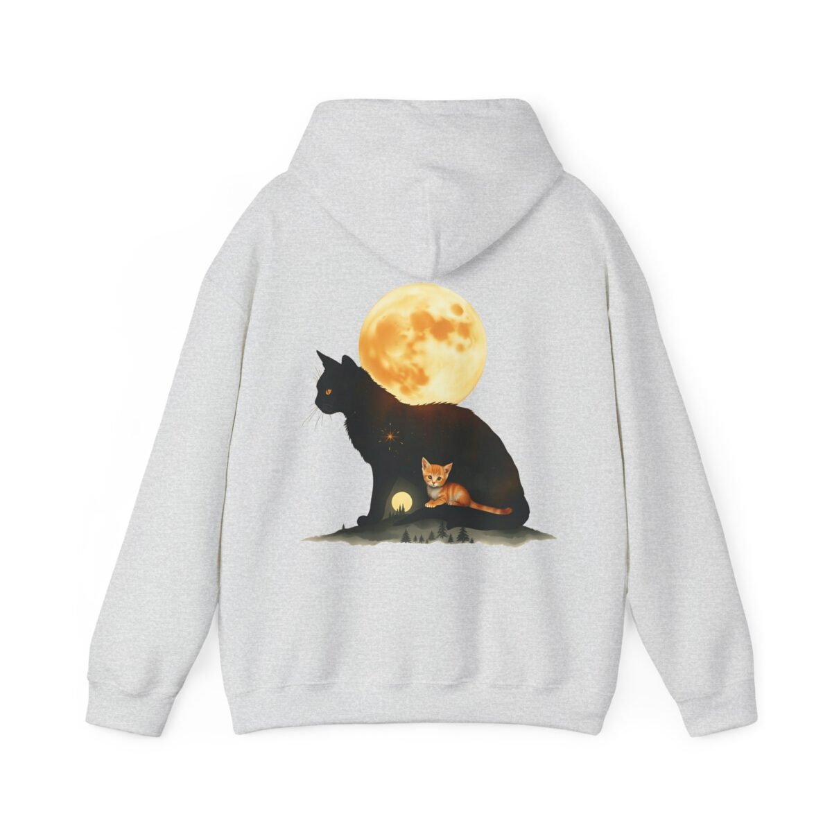 9876234115661795553_2048.jpeg Grey hoodie featuring a black cat silhouette with a large full moon, an orange kitten, and a small landscape scene inside