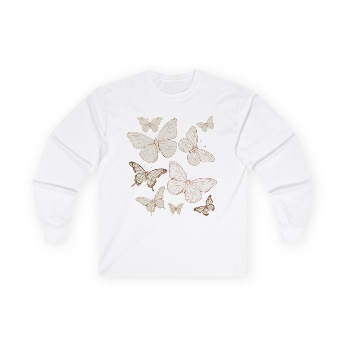 9918856015319315128_2048.jpeg White long-sleeve shirt with tan butterfly designs.