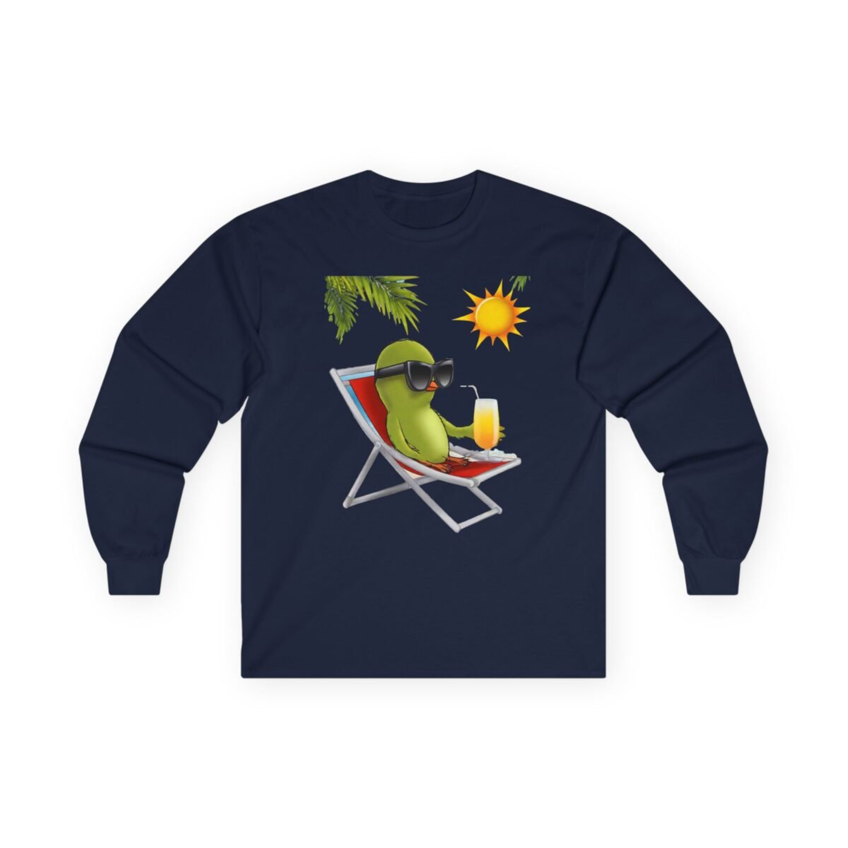 9962757919821593898_2048.jpeg Navy long-sleeve shirt with a green bird in sunglasses relaxing on a beach chair.