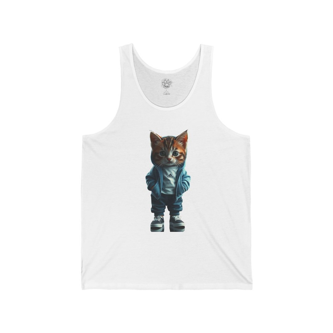 10255144807390690282_2048.jpeg Tank top with a cat wearing a hoodie and sneakers.