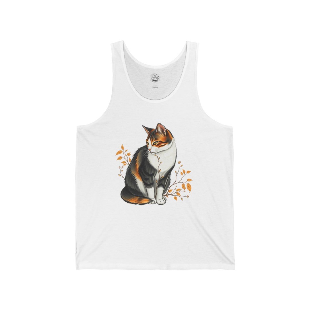 10420825678584484902_2048.jpeg White tank top with a calico cat design and autumn leaves.