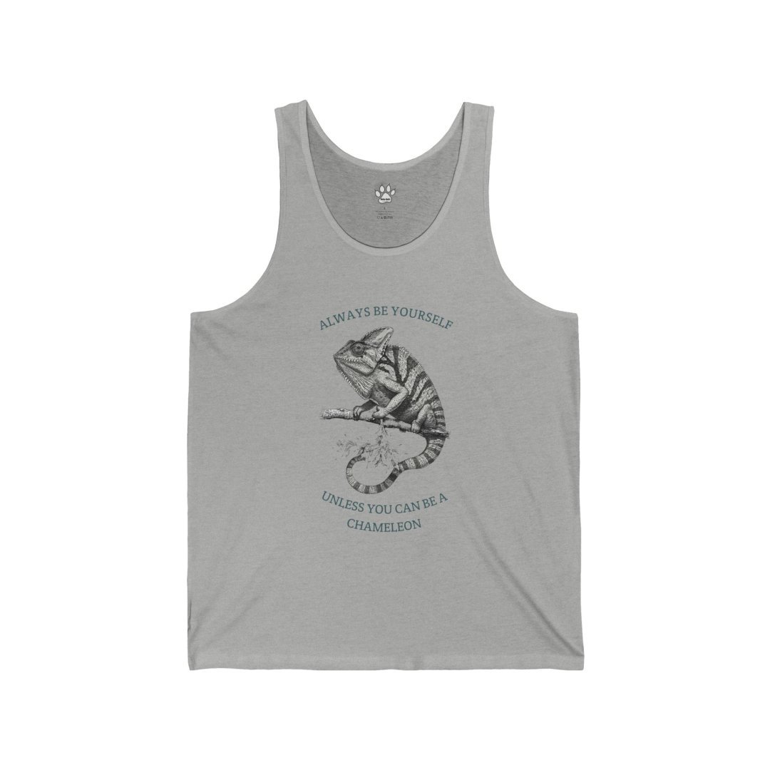 10763605577206516110_2048.jpeg Gray tank top with chameleon graphic and text.