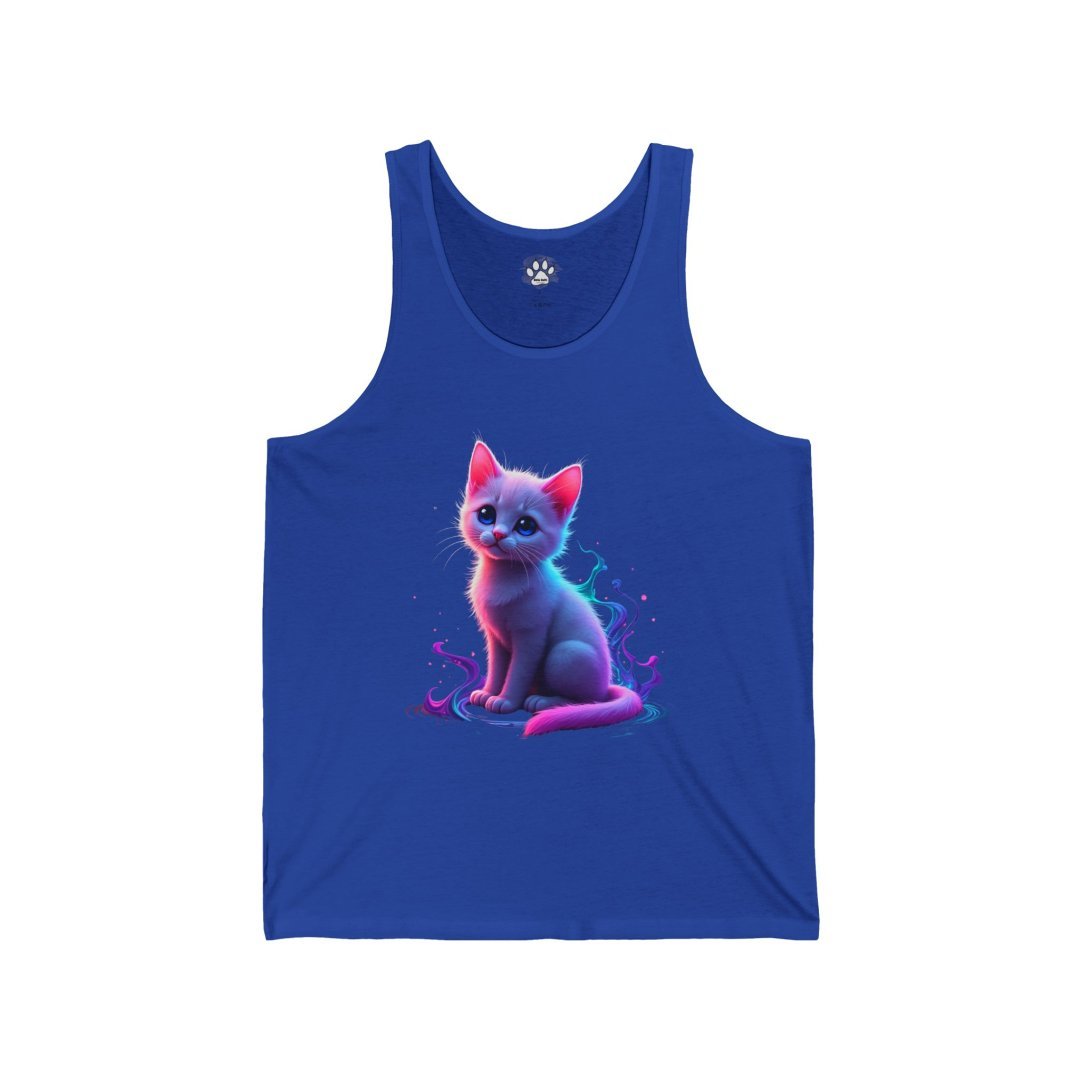 10924575426678874432_2048.jpeg Blue tank top with a colorful, glowing kitten design.