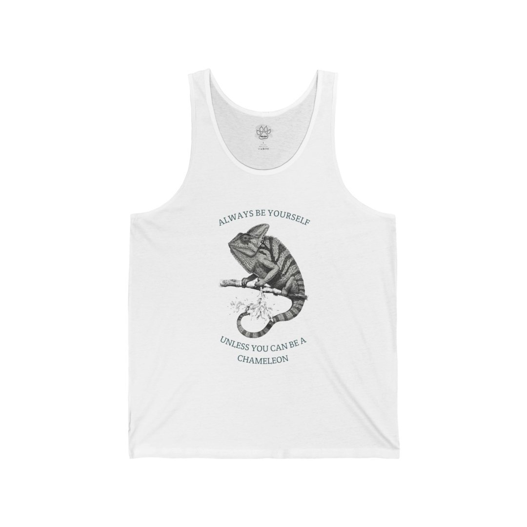 White tank top with a chameleon graphic and motivational text.