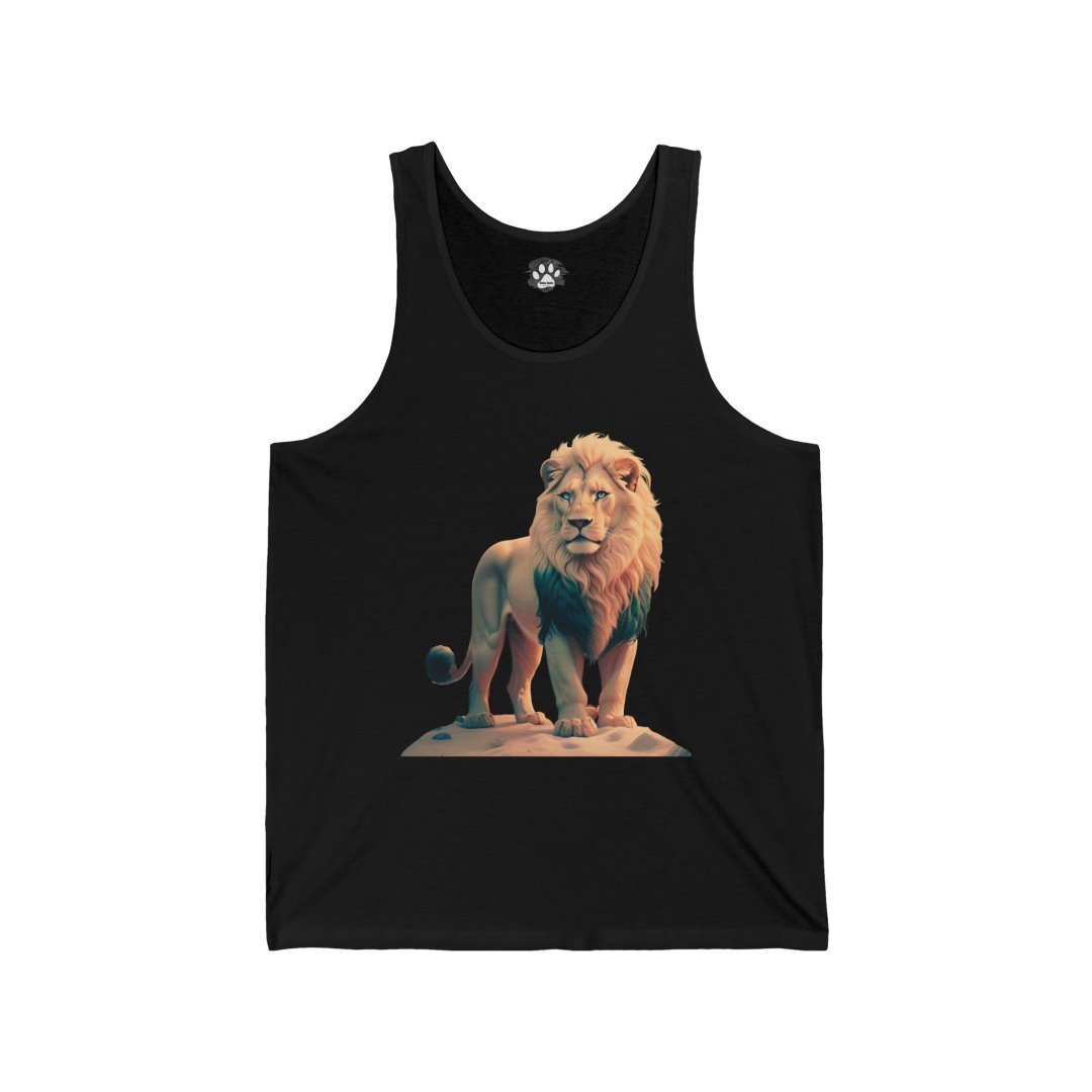 Black tank top with a lion graphic on the front.