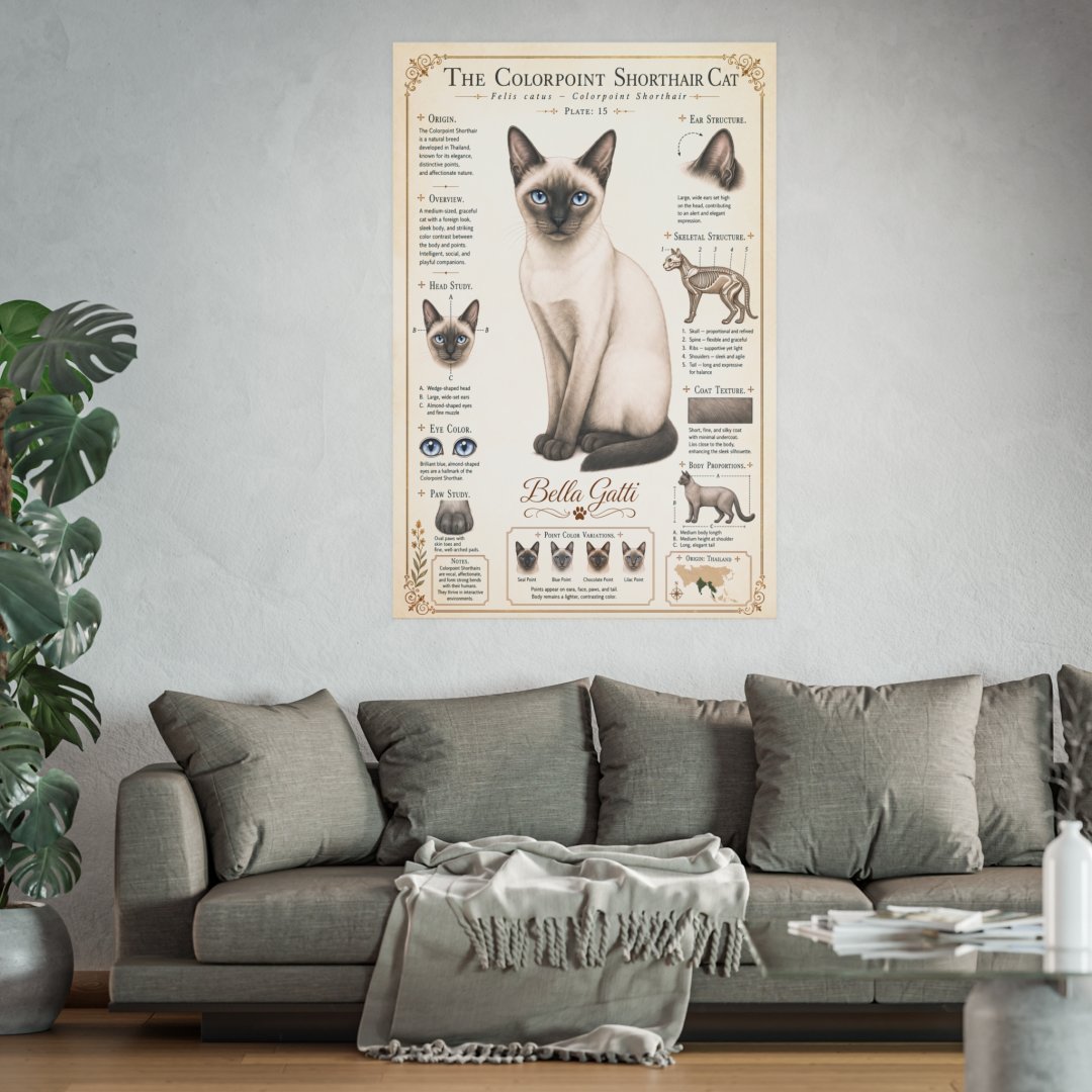 11447741602463745169_2048-1.jpeg Colorpoint Shorthair cat poster on a wall above a gray sofa.