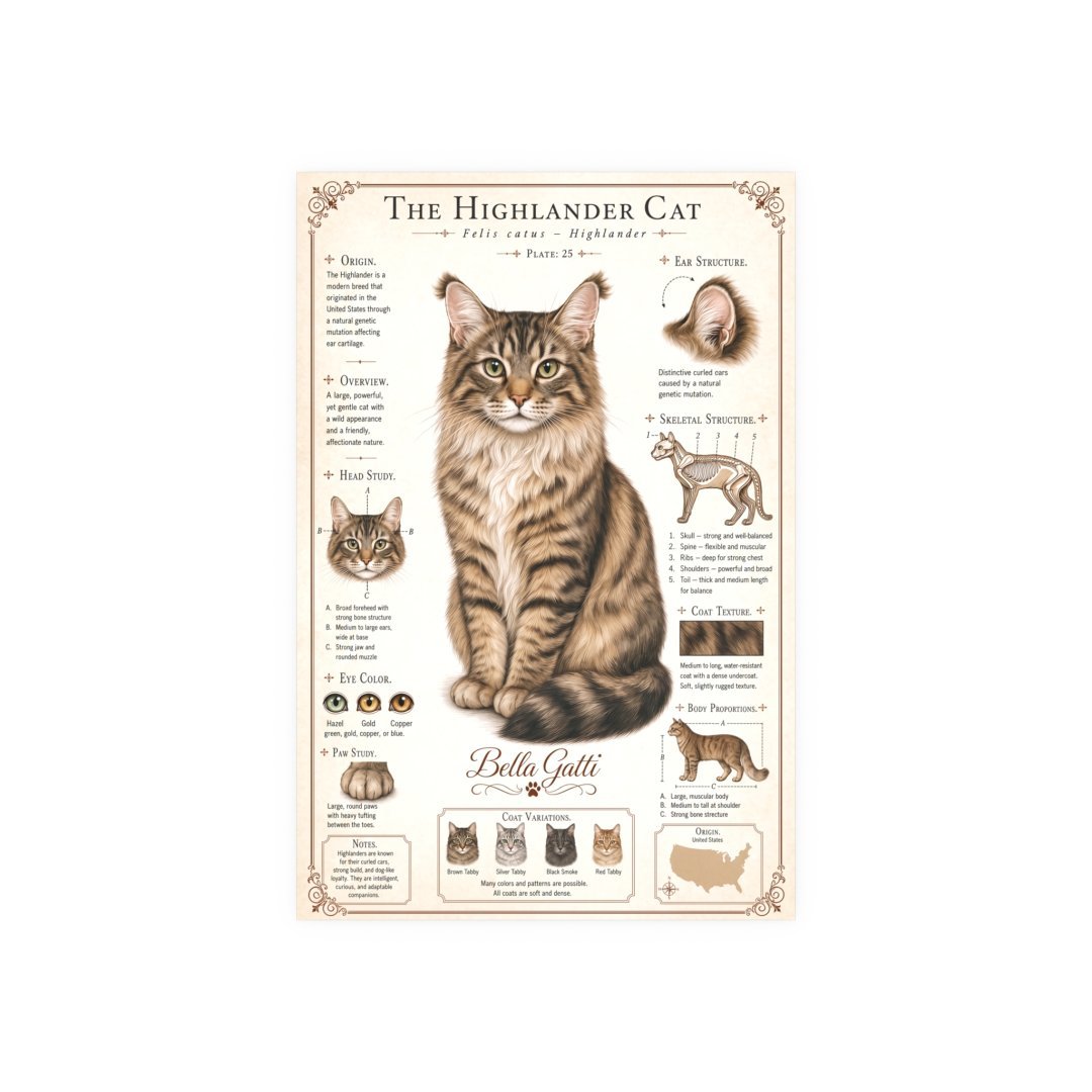 11496787908121902332_2048-1.jpeg Illustration of a Highlander cat with detailed breed information.