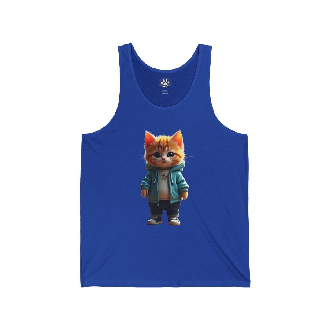 11700174530990080056_2048.jpeg Blue tank top with a cute cartoon cat in a jacket.