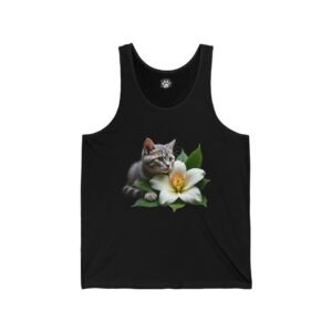 Cute Cat Line Art Unisex Tank Top Black tank top with a kitten and white lily design.