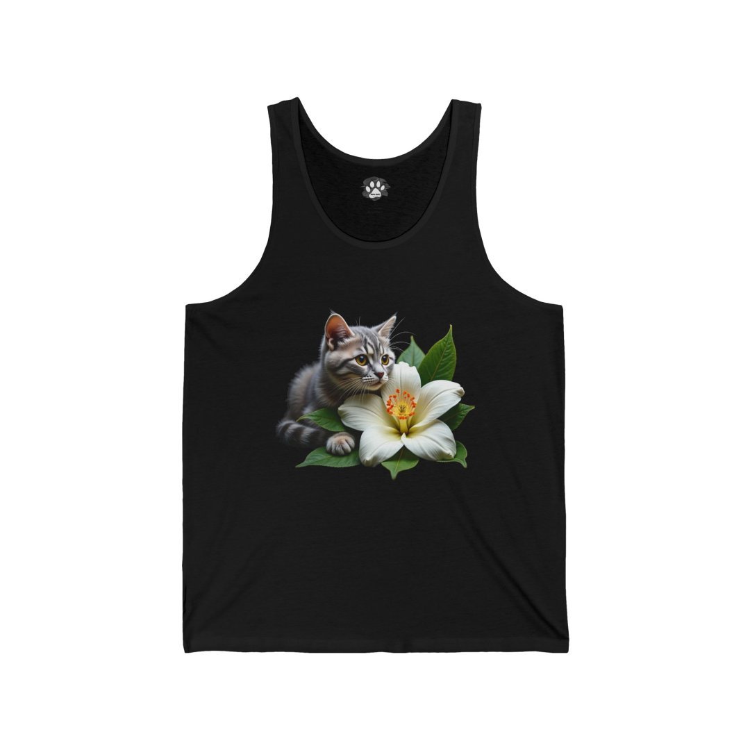 Black tank top with a kitten and white lily design.