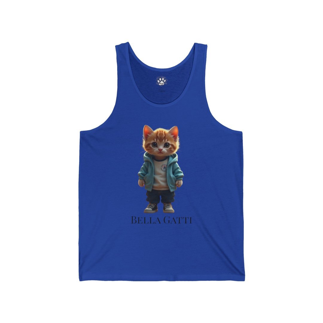 12365133448197782013_2048.jpeg Blue tank top featuring a cute cat in a jacket with Bella Gatti text.