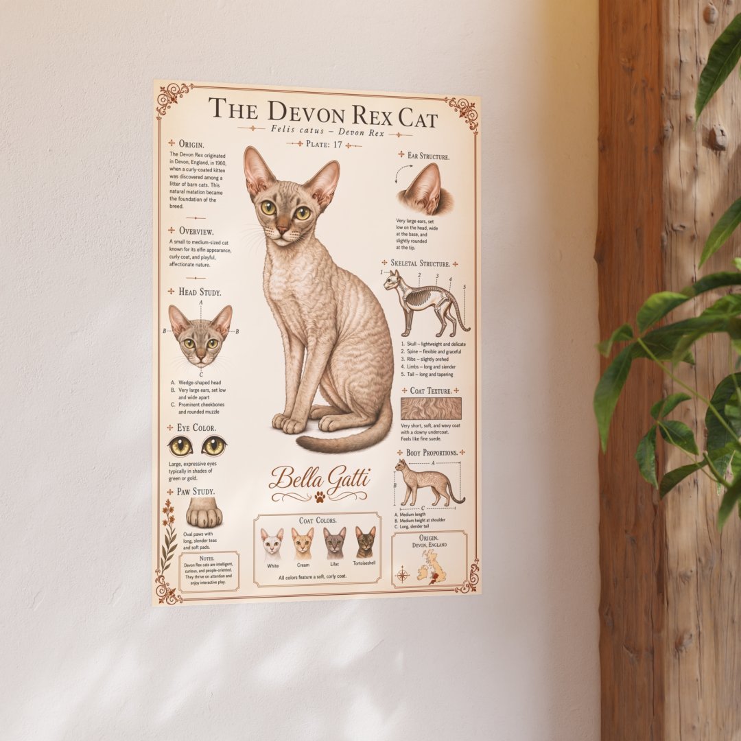 12585498376565093834_2048.jpeg Illustrated poster of a Devon Rex cat with detailed features.