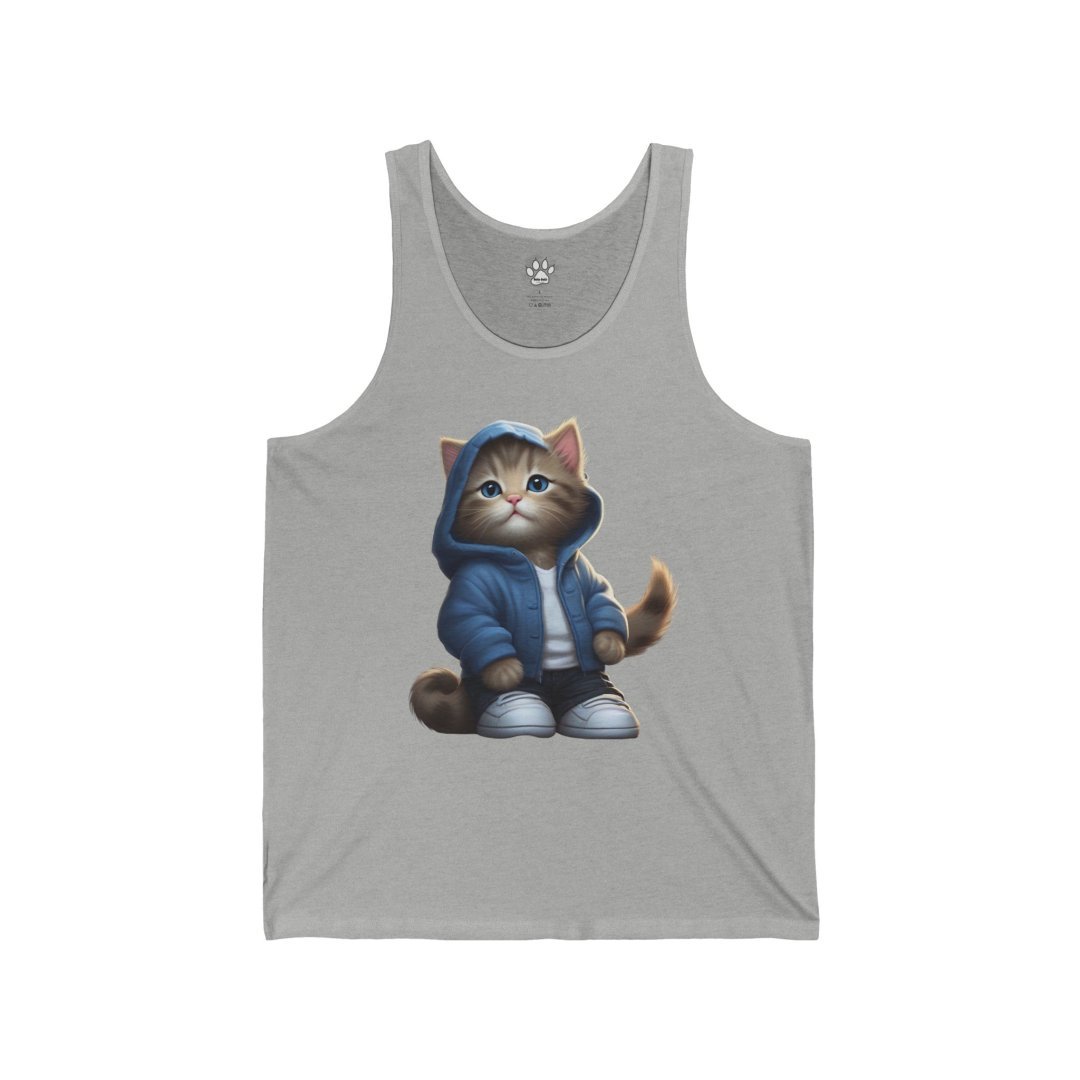 1267467992456693301_2048.jpeg Cute cat in a blue hoodie on a gray tank top.