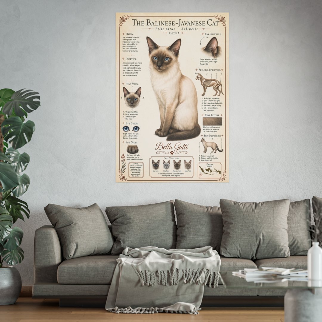 12696919799009642198_2048-1.jpeg Poster of a Balinese-Javanese cat with detailed information, hanging above a gray sofa.