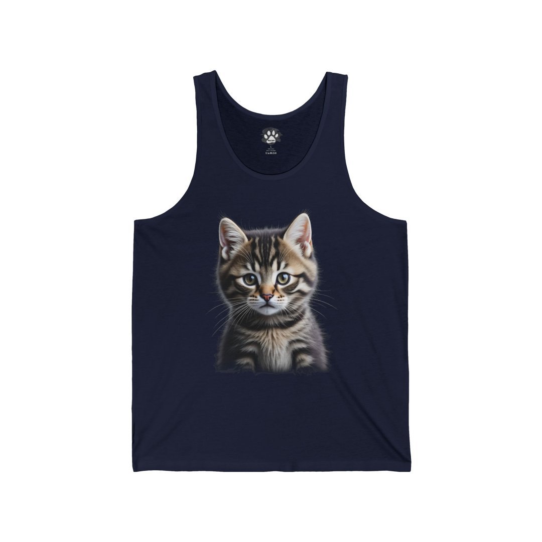 12969543741567937344_2048.jpeg Navy tank top featuring a cute tabby kitten illustration.