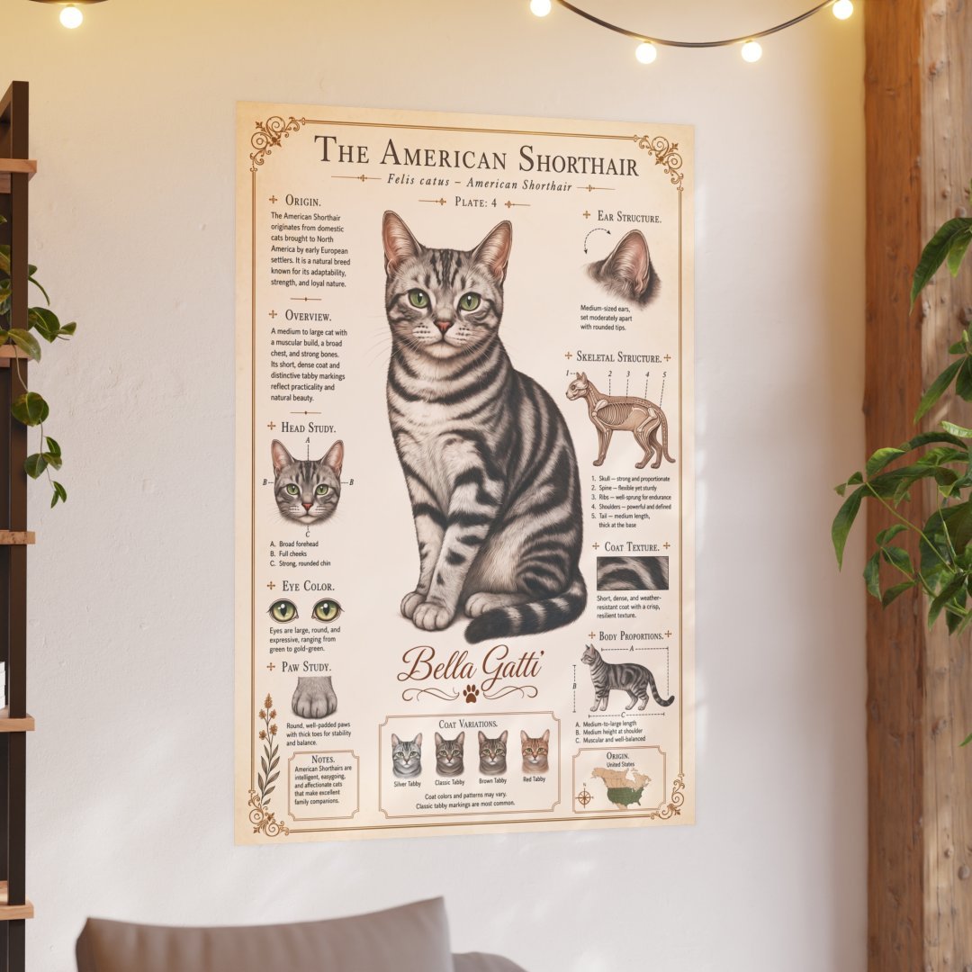 13097238422095961993_2048-1.jpeg Poster of an American Shorthair cat with detailed information.