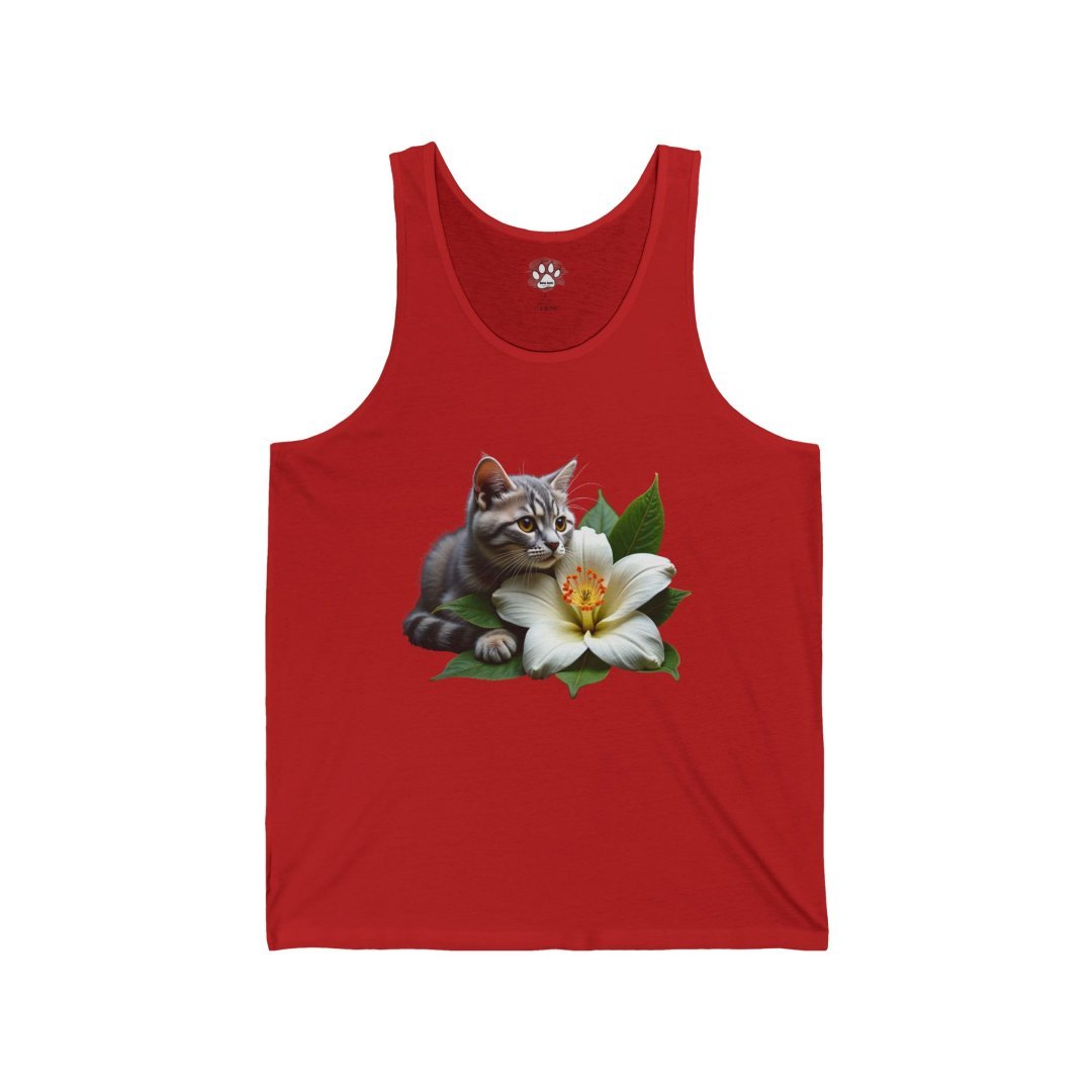 1316207636087749072_2048.jpeg Red tank top with a kitten and white lily design.