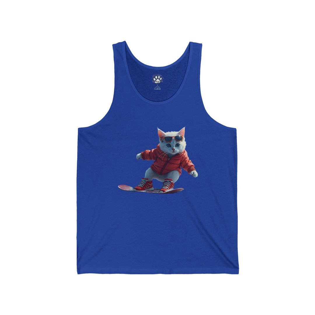 13321693037415612136_2048.jpeg Blue tank top with a cat in a red jacket skateboarding.