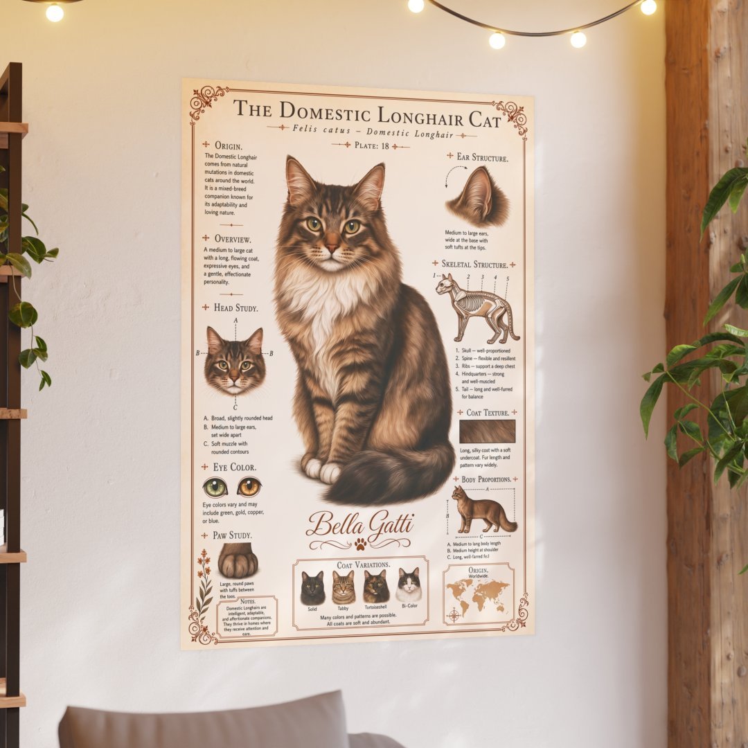 13430601234140226593_2048-1.jpeg Poster of a Domestic Longhair Cat with detailed features and illustrations.