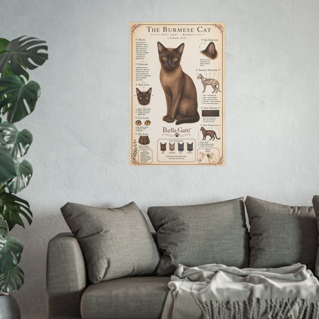 13454519211937215596_2048.jpeg Burmese cat poster on a wall above a gray sofa with a plant nearby.