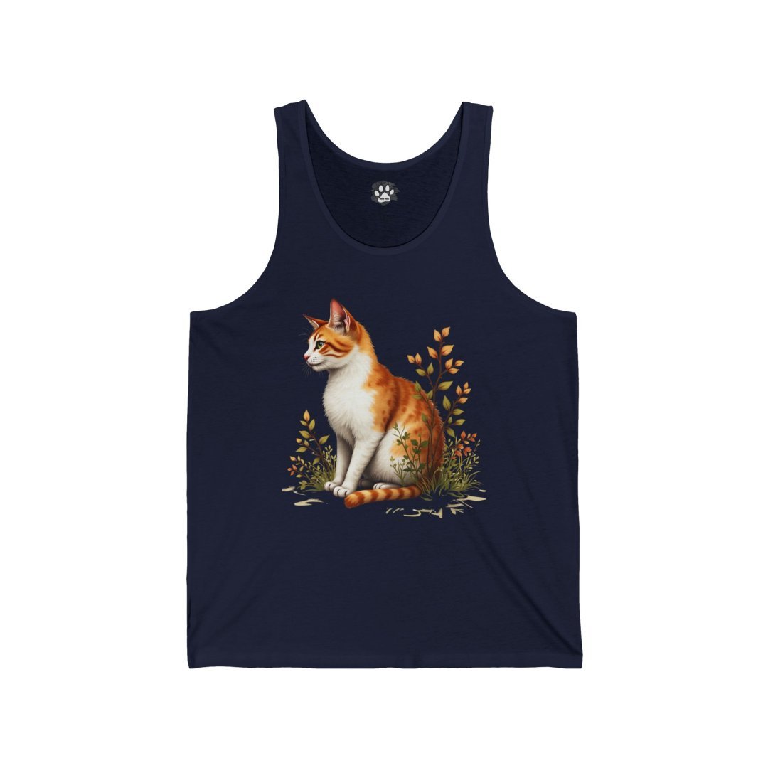 13455725352267750466_2048.jpeg Navy tank top with a printed image of an orange and white cat sitting among autumn leaves.