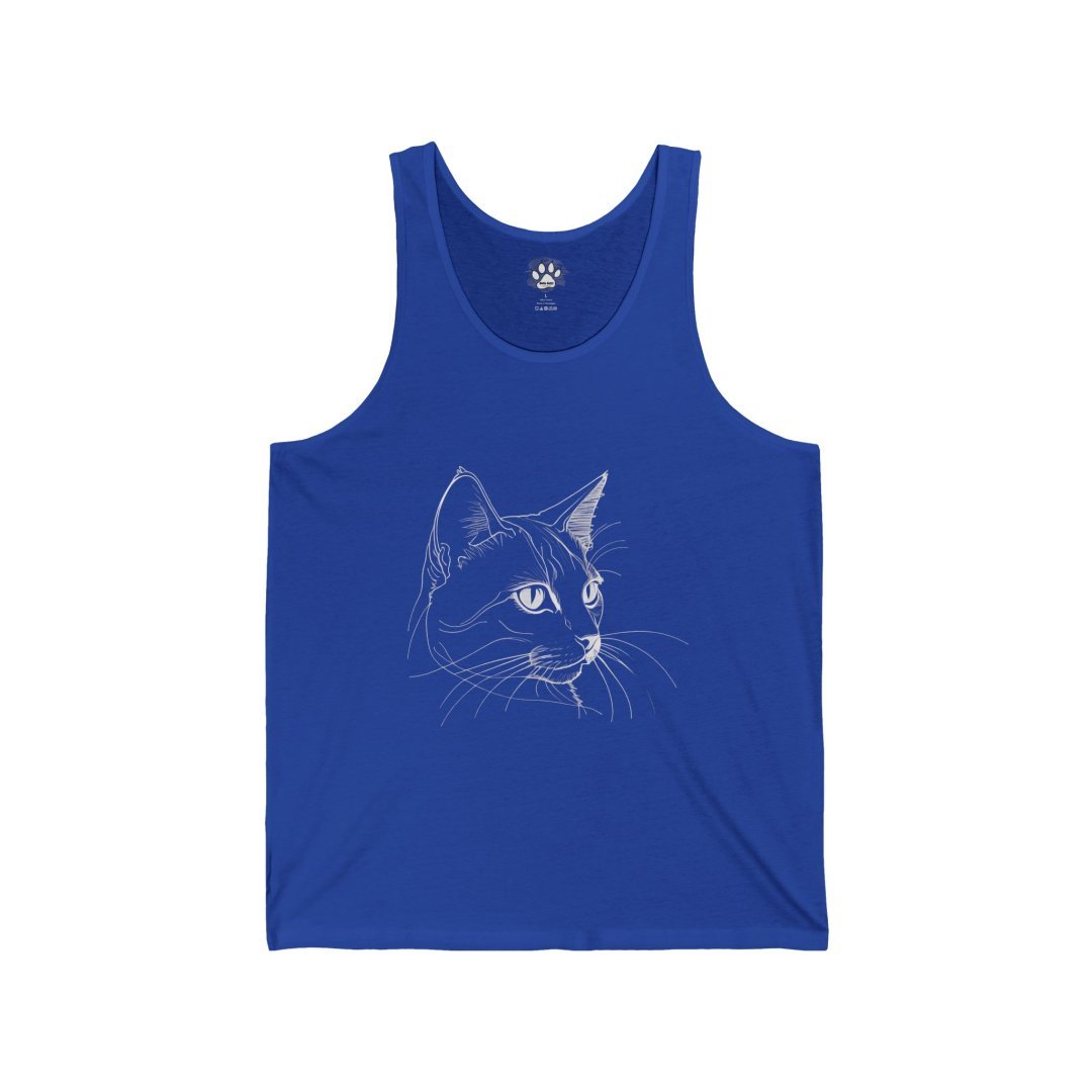 13473396080266384962_2048.jpeg Blue tank top with a white line drawing of a cat's face.
