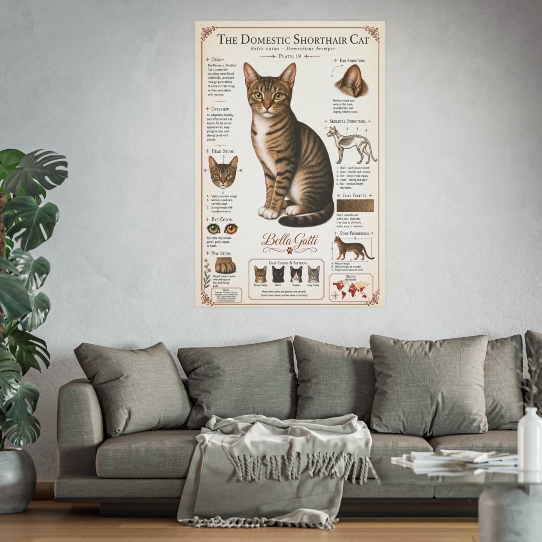 13561911381447105745_2048-1.jpeg Poster of a Domestic Shorthair Cat with detailed information, above a gray sofa.